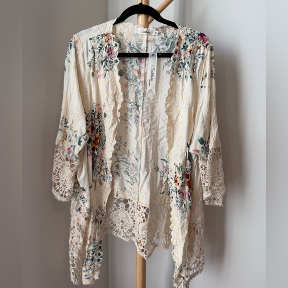 Solitaire Tops - NEW Solitaire Floral Lace Crochet Kimono Open Cardigan Boho Embroidered size 2XL